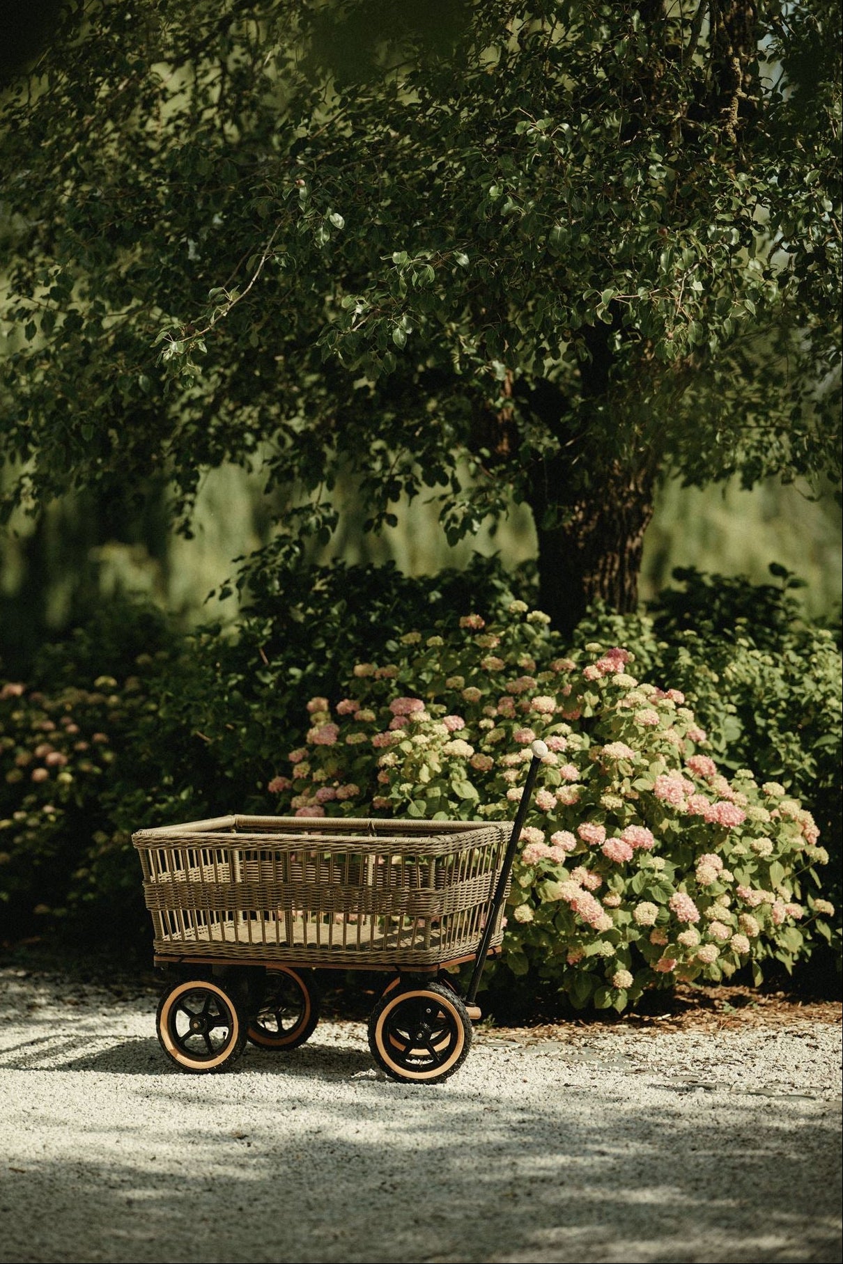 Handcart in a garden setting with flowers and trees